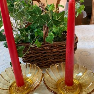 Set/2 Federal Glass Amber Scallop Trim Etched Textured Glass Candle Holders
